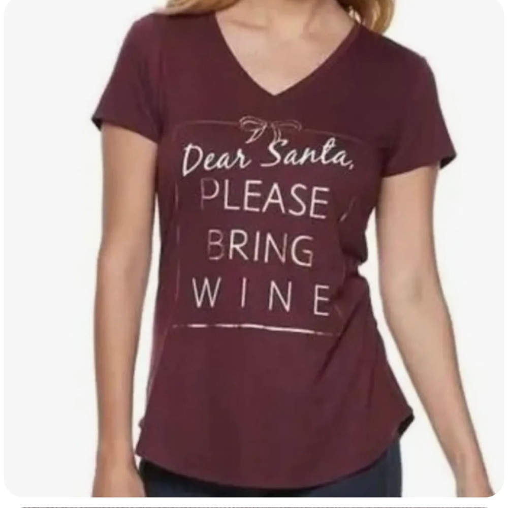 Please Bring Wine Red Burgundy Dear Santa Christmas Graphic Tee Shirt size M